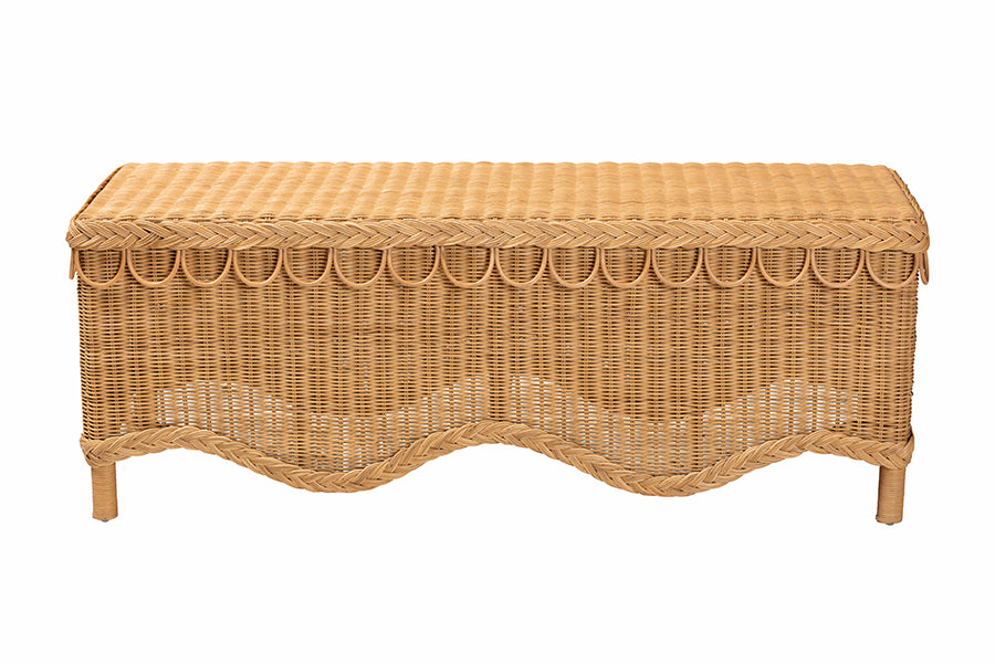 Erla Bohemian Light Honey Rattan Accent Bench with Scallop border