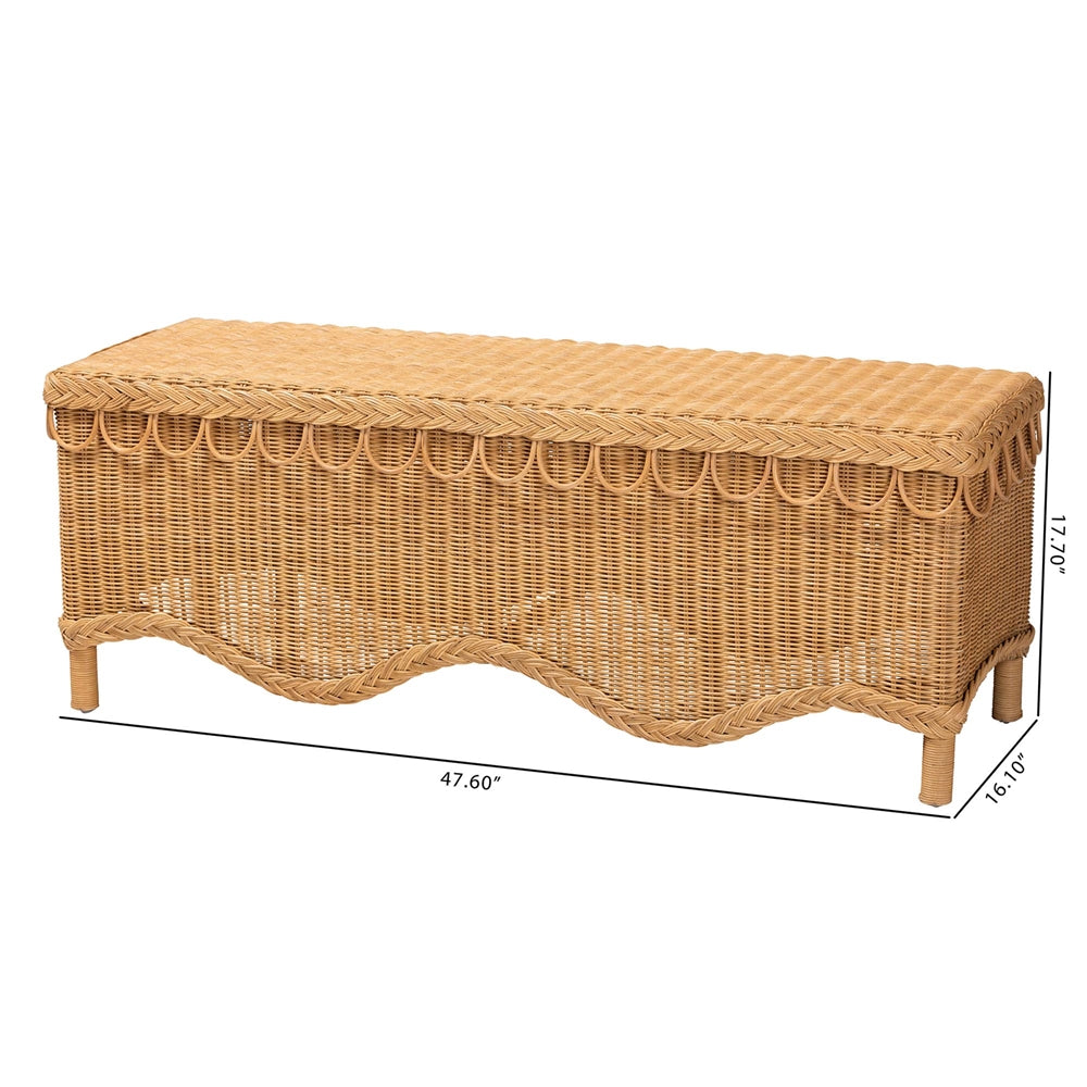 Erla Bohemian Light Honey Rattan Accent Bench with Scallop border