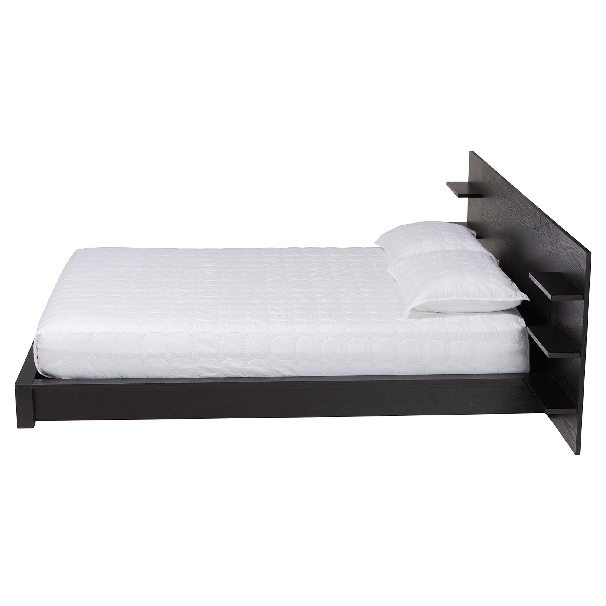 Elina Modern Ebony Black Wood Queen Size Platform Bed with Built-In Shelves