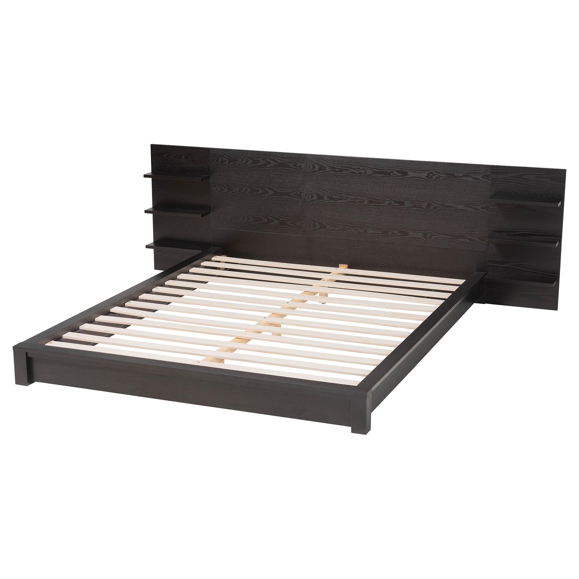 Elina Modern Ebony Black Wood Queen Size Platform Bed with Built-In Shelves