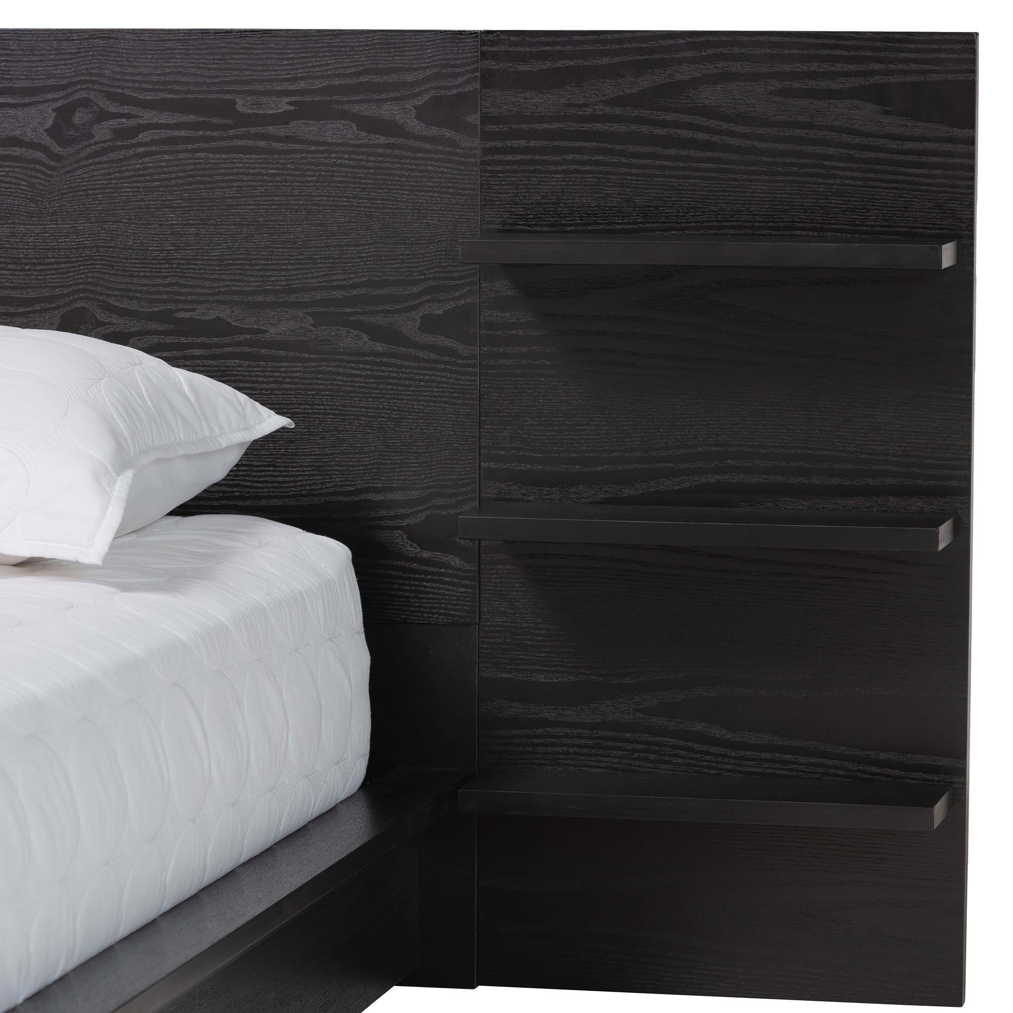 Elina Modern Ebony Black Wood Queen Size Platform Bed with Built-In Shelves