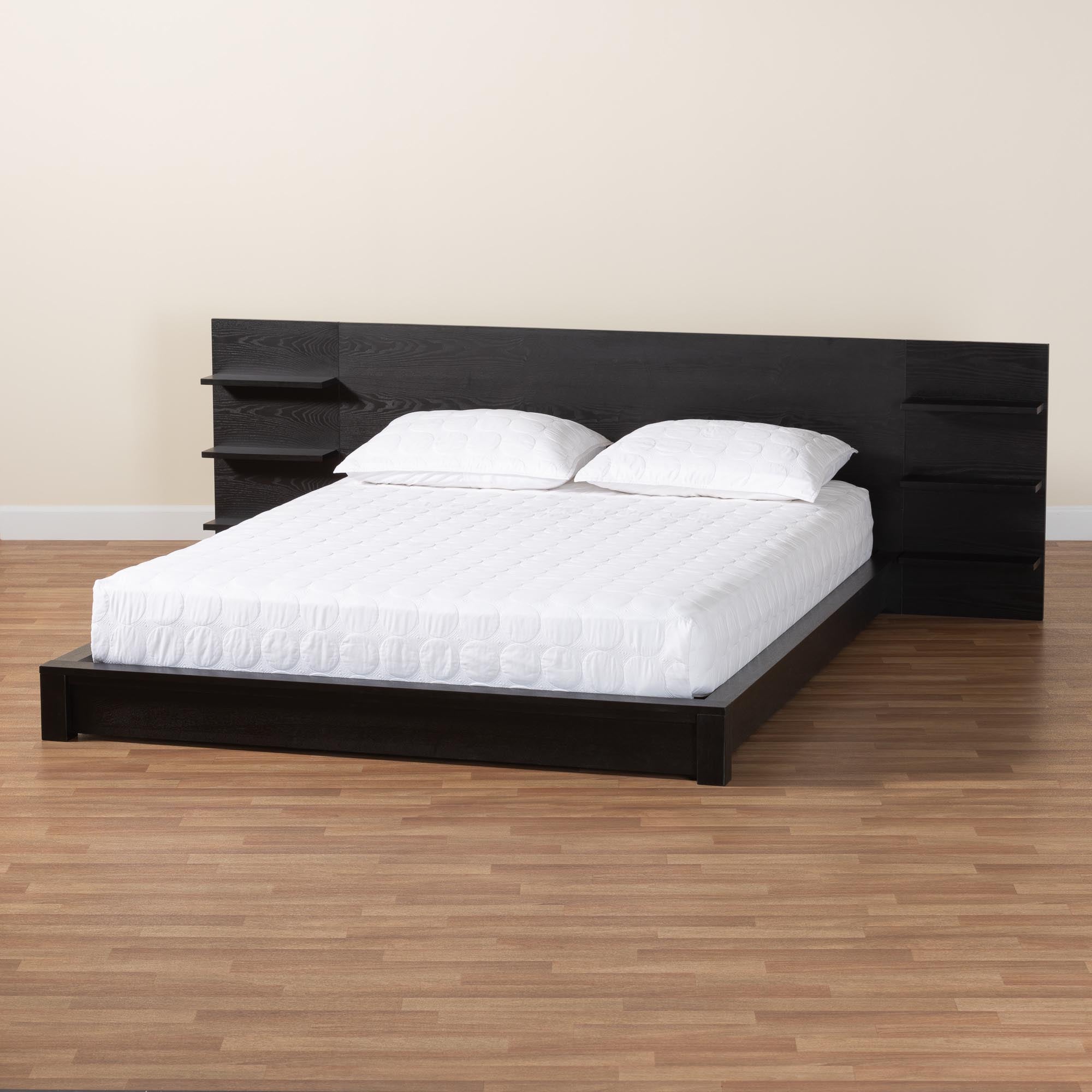 Elina Modern Ebony Black Wood Queen Size Platform Bed with Built-In Shelves