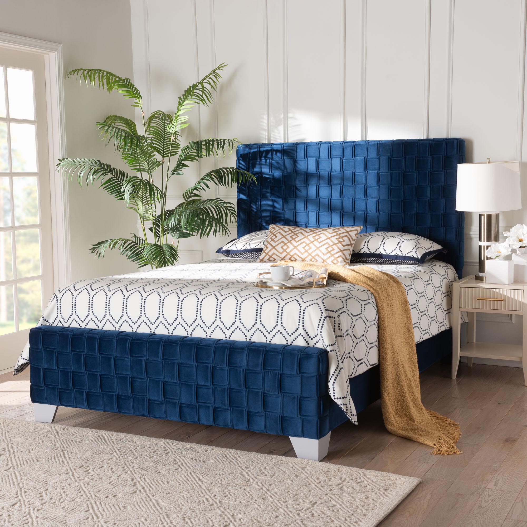 Emlyn Navy Blue Velvet Fabric Queen Size Panel Bed