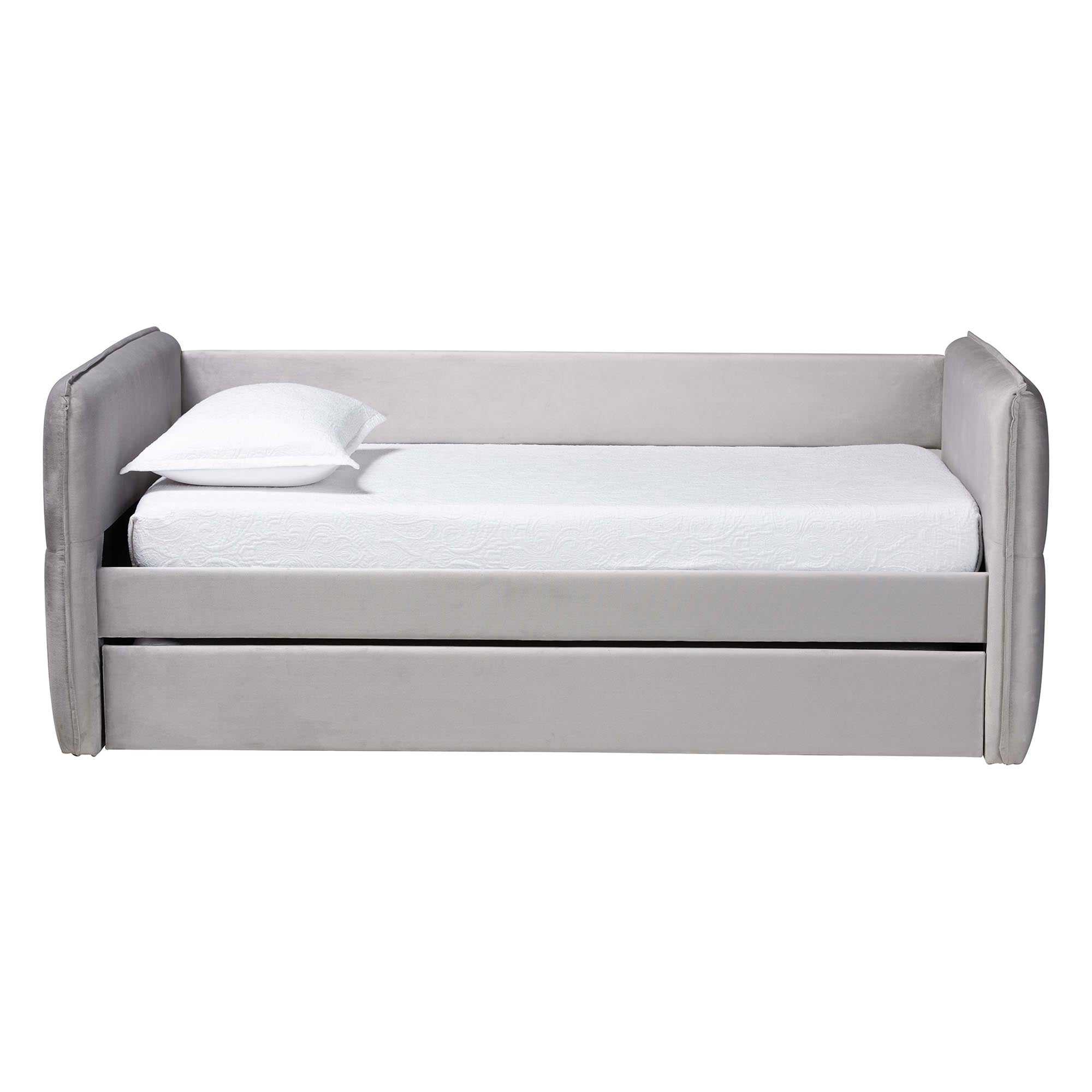 Finch Modern Light Grey Velvet Fabric Twin Size Daybed with Trundle
