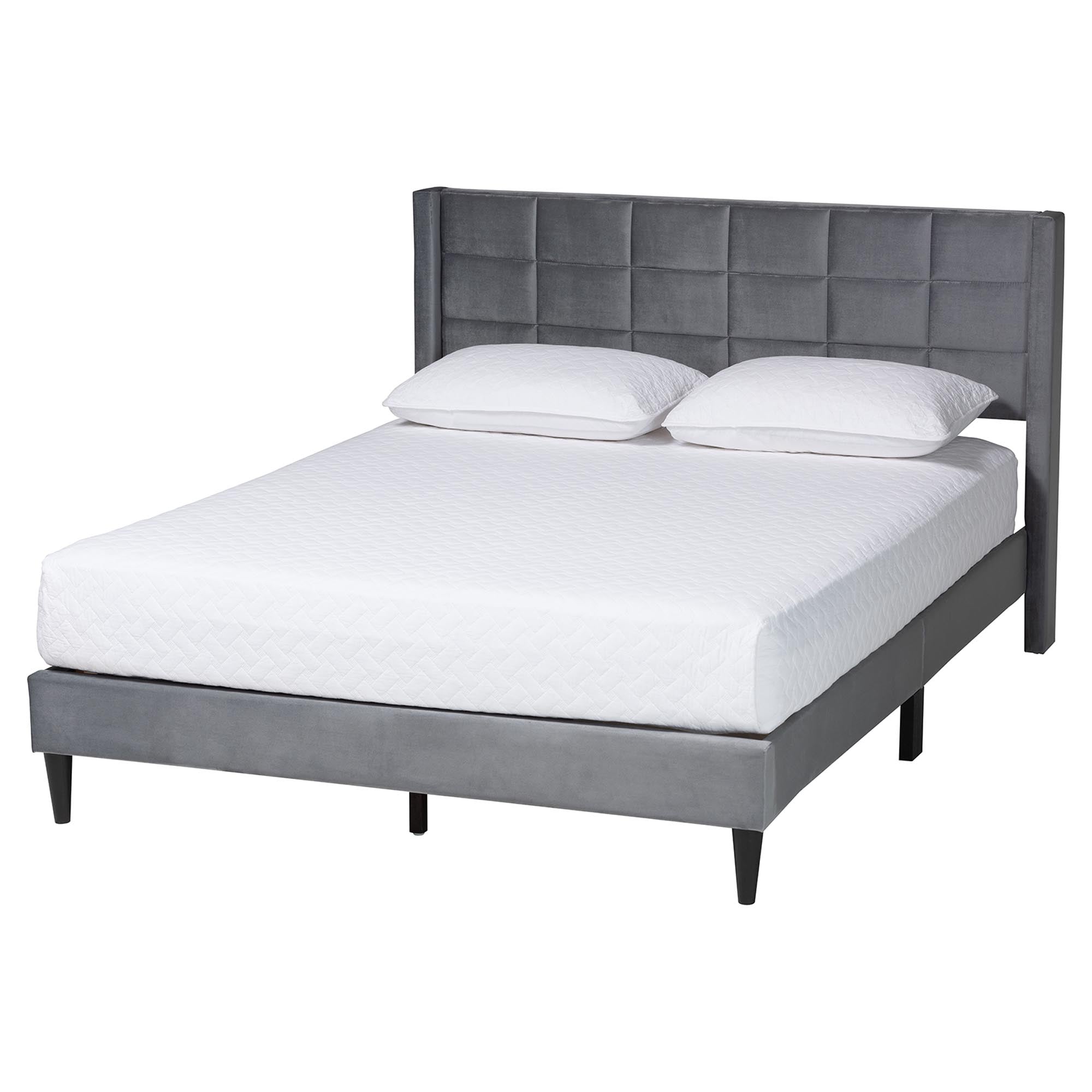 Payne Modern  Grey Velvet and Dark Brown Wood Queen Bed