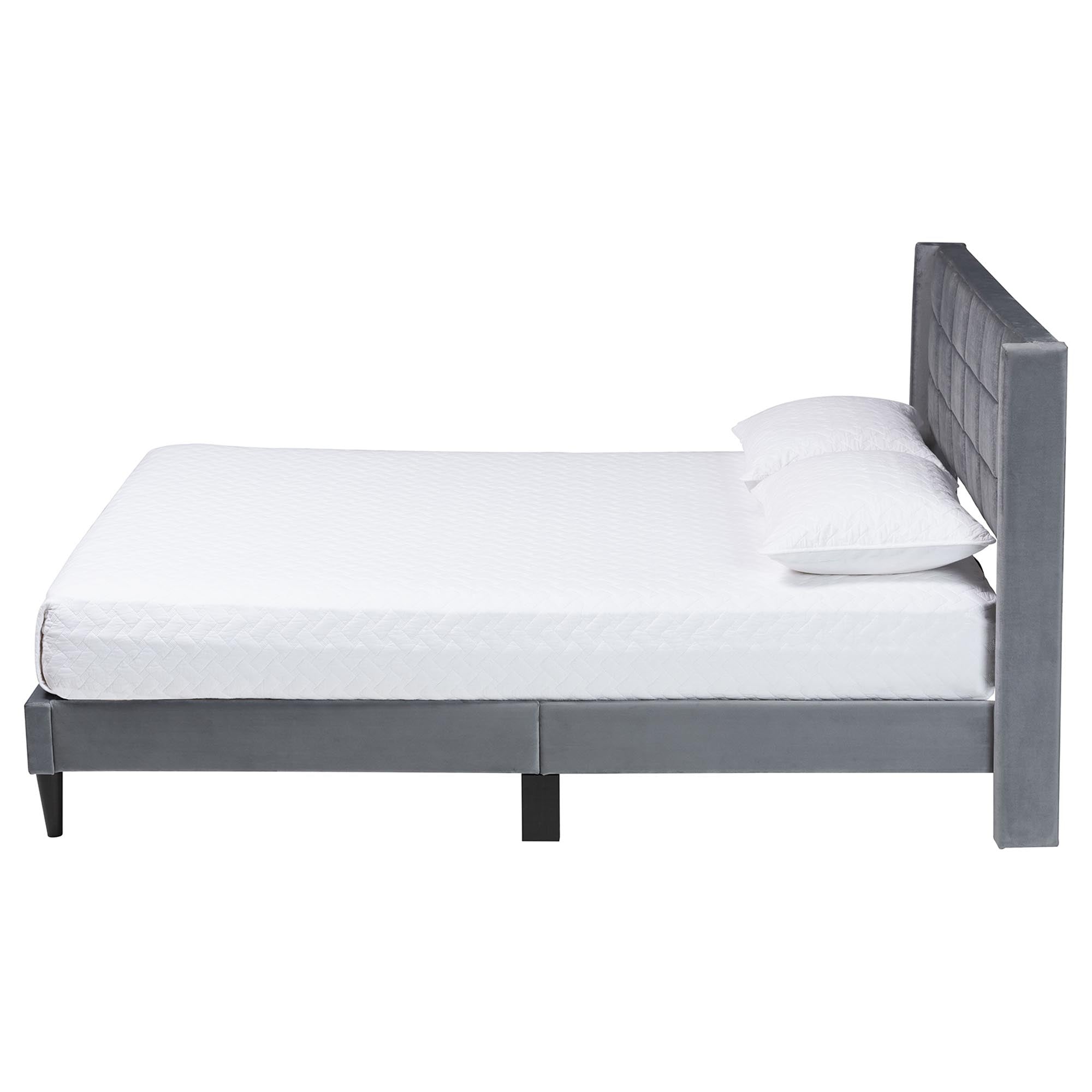 Payne Modern  Grey Velvet and Dark Brown Wood Queen Bed