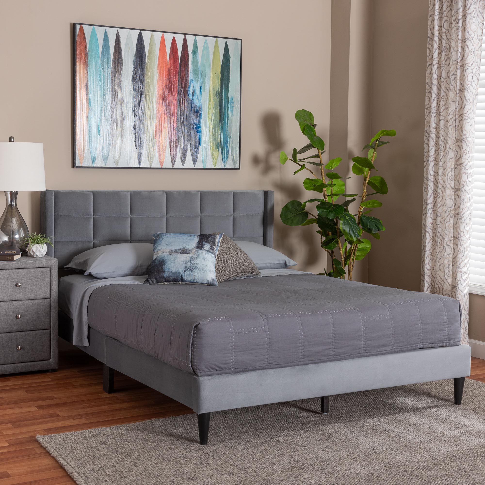 Payne Modern  Grey Velvet and Dark Brown Wood Queen Bed