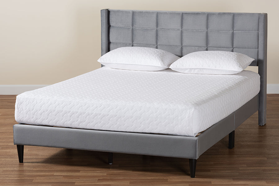 Payne Modern  Grey Velvet and Dark Brown Wood Queen Bed