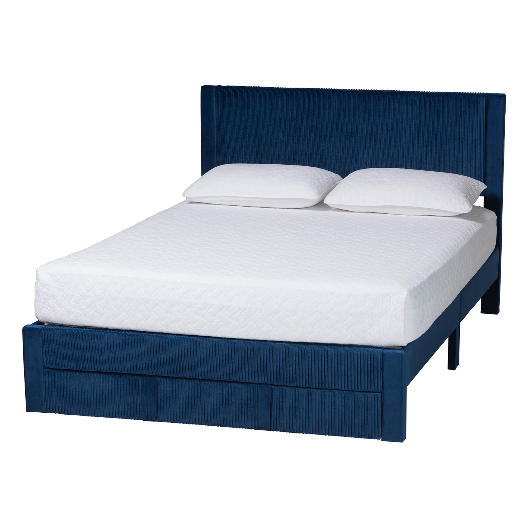 Elora Modern Navy Blue Pleated Velvet Queen Size Storage Bed