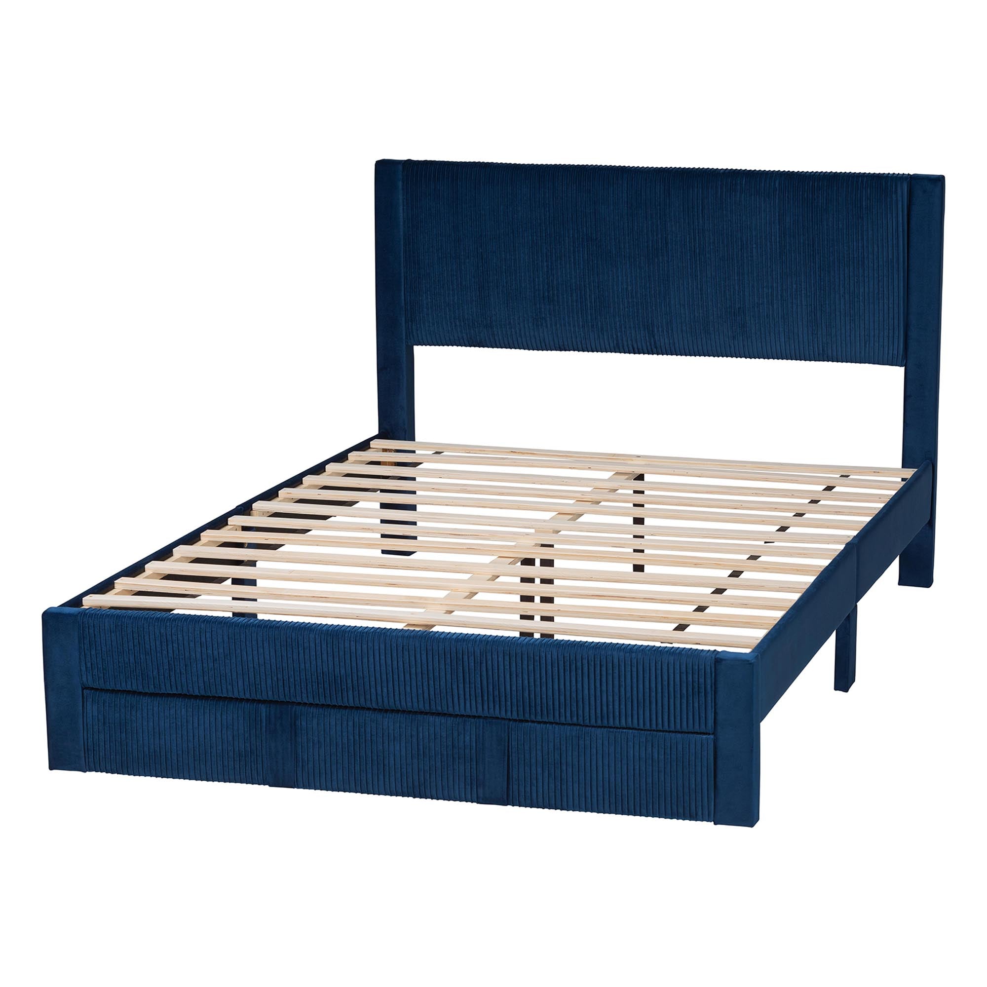 Elora Modern Navy Blue Pleated Velvet Queen Size Storage Bed