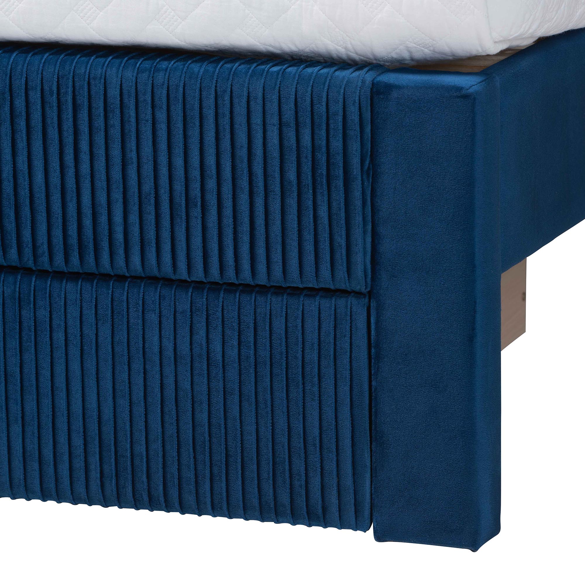 Elora Modern Navy Blue Pleated Velvet Queen Size Storage Bed