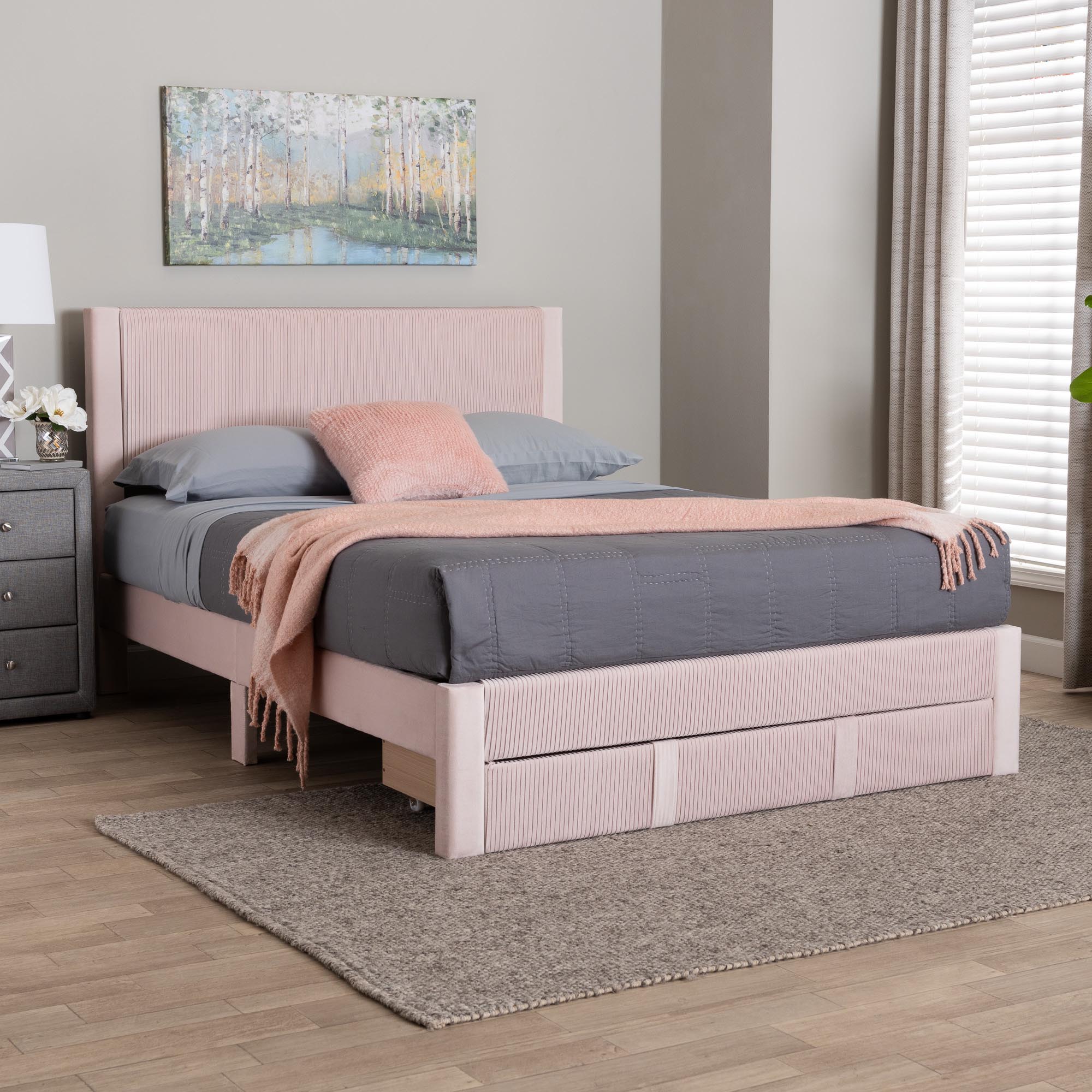 Elora Modern Light Pink Pleated Velvet Queen Size Storage Bed