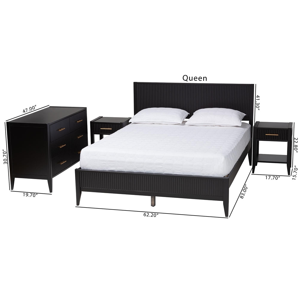 Primrose Mid-Century Black Fluted Wood Queen Size 4-Piece Bedroom Set