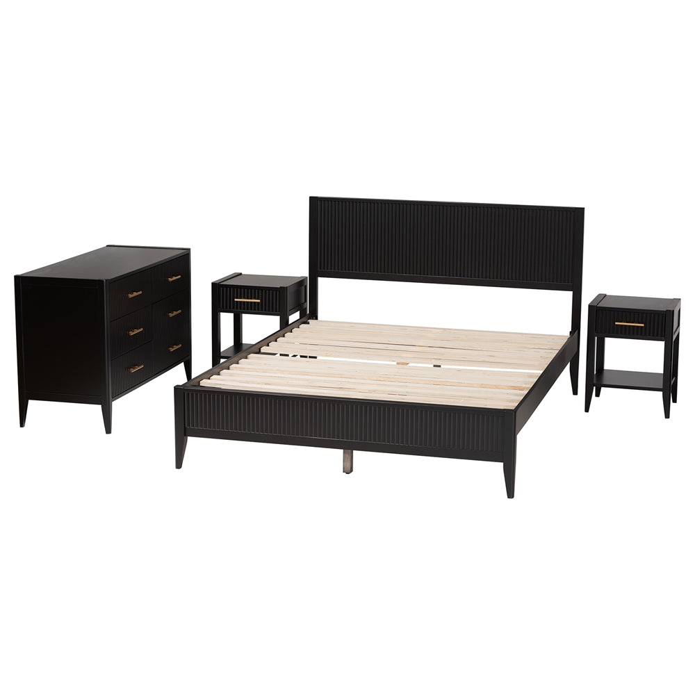 Primrose Mid-Century Black Fluted Wood Queen Size 4-Piece Bedroom Set