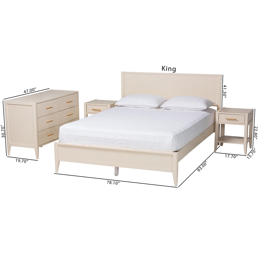 Primrose Mid-Century Ivory Fluted Wood King Size 4-Piece Bedroom Set