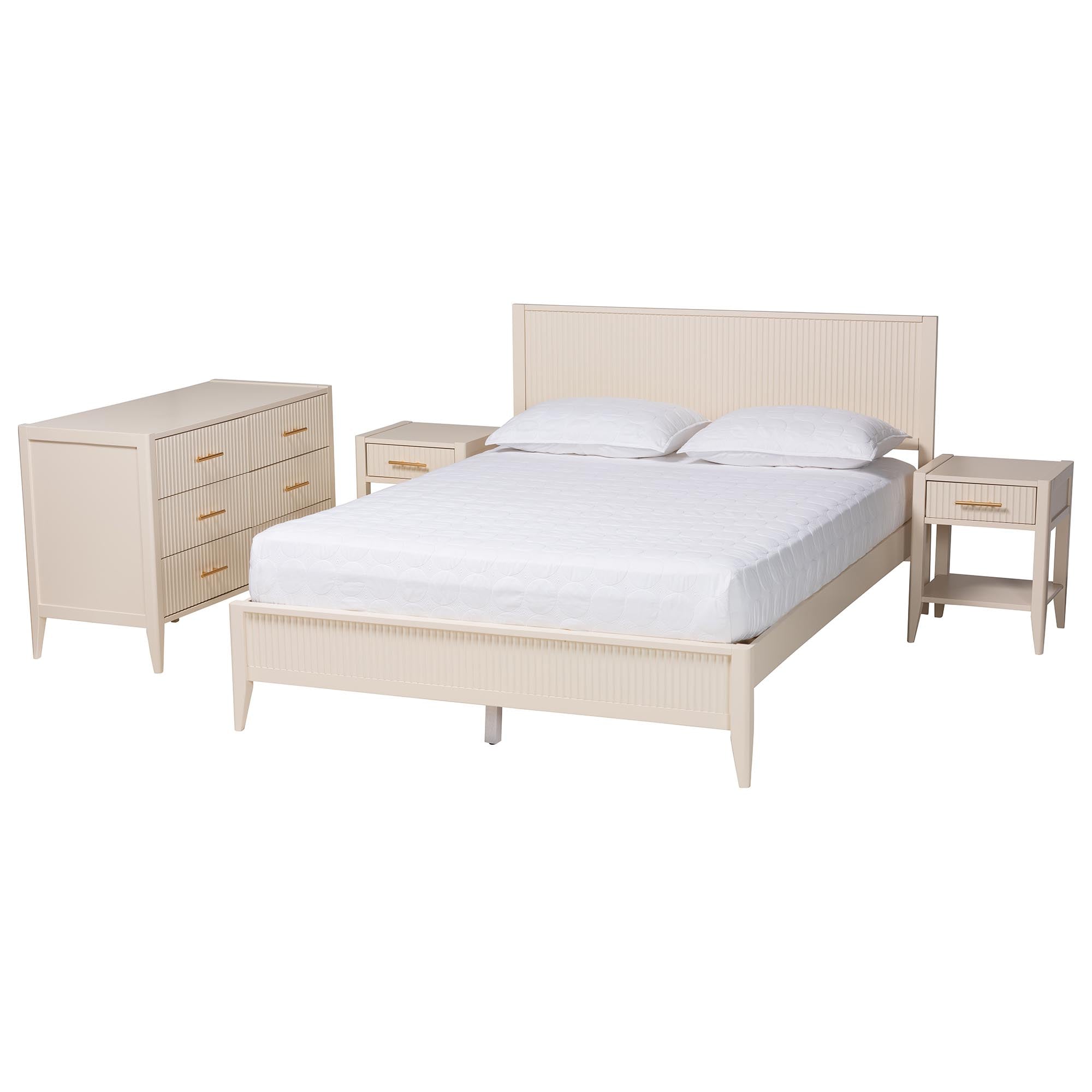 Primrose Mid-Century Ivory Fluted Wood Queen Size 4-Piece Bedroom Set