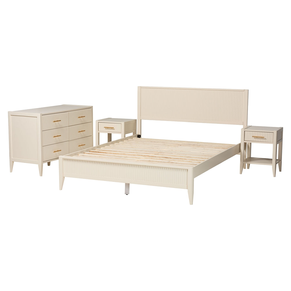 Primrose Mid-Century Ivory Fluted Wood King Size 4-Piece Bedroom Set