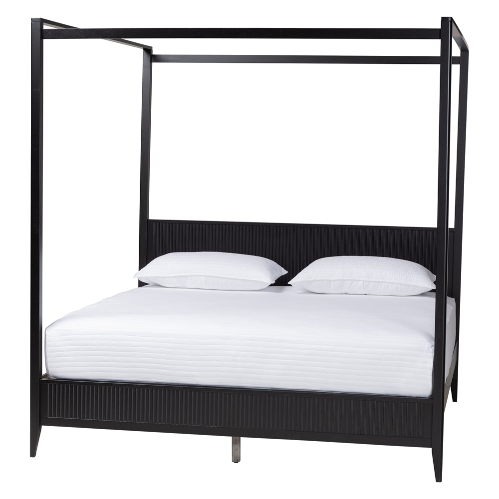 Primrose Mid-Century Black Fluted Wood King Size Canopy Bed