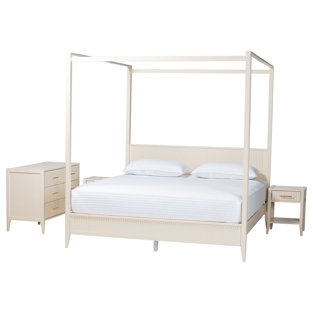 Primrose Mid-Century Ivory Fluted Wood King Size 4-Piece Canopy Bedroom Set