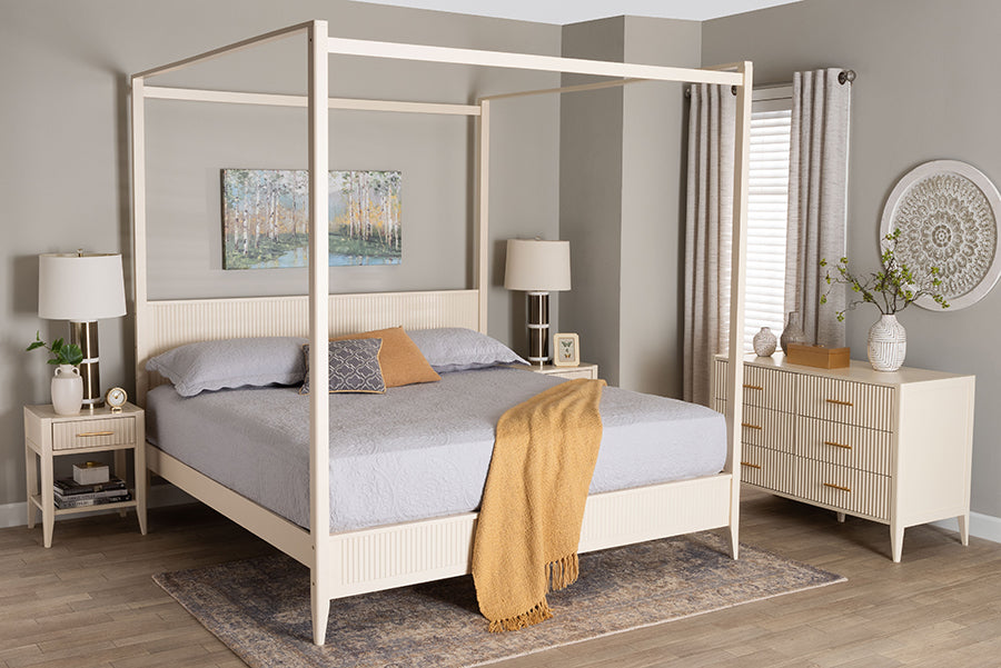 Mistral Mid‑Century King Wood Canopy Bed Set Ivory Fluted 4‑Piece Bedroom Collection