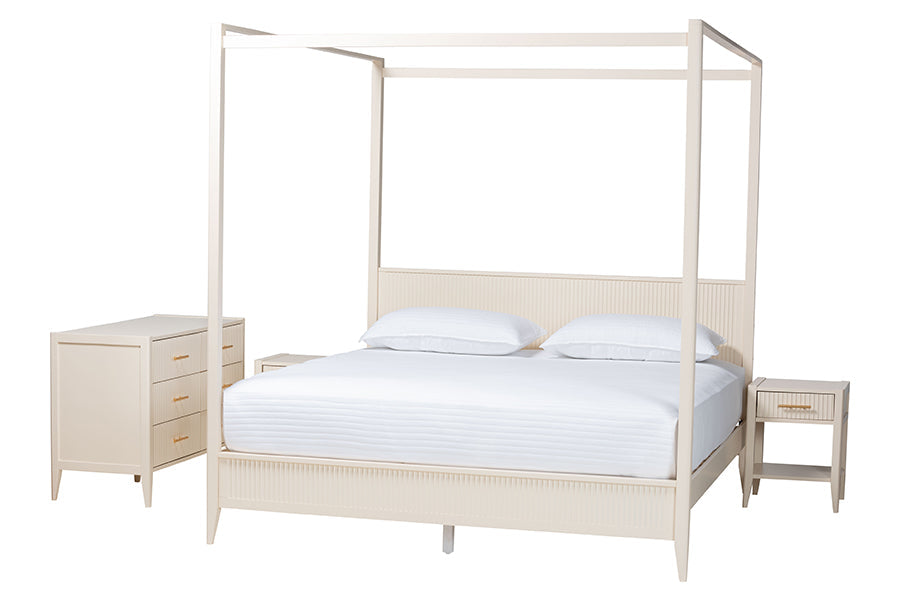 Mistral Mid‑Century King Wood Canopy Bed Set Ivory Fluted 4‑Piece Bedroom Collection