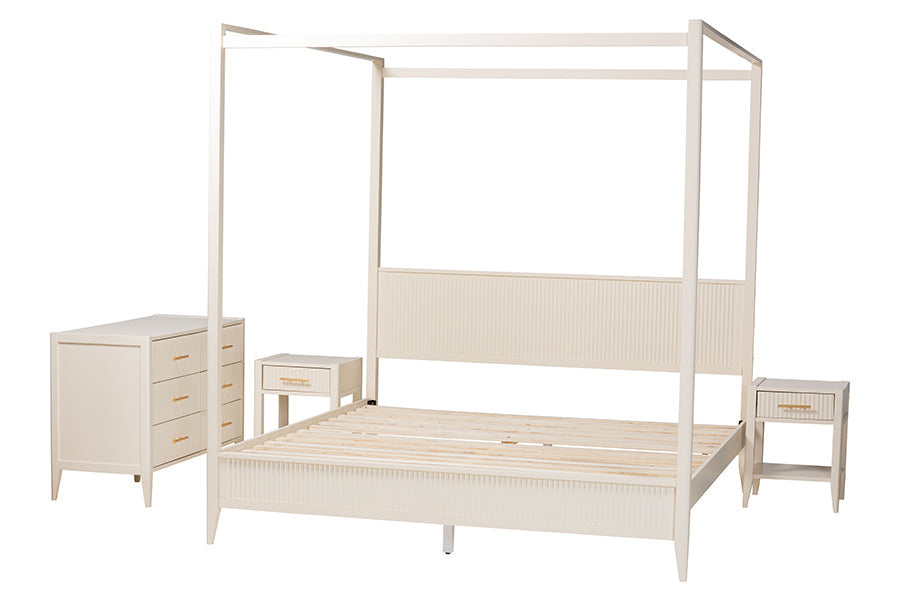 Mistral Mid‑Century King Wood Canopy Bed Set Ivory Fluted 4‑Piece Bedroom Collection