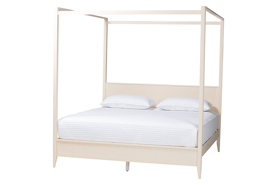 Mistral Mid‑Century King Wood Canopy Bed Set Ivory Fluted 4‑Piece Bedroom Collection