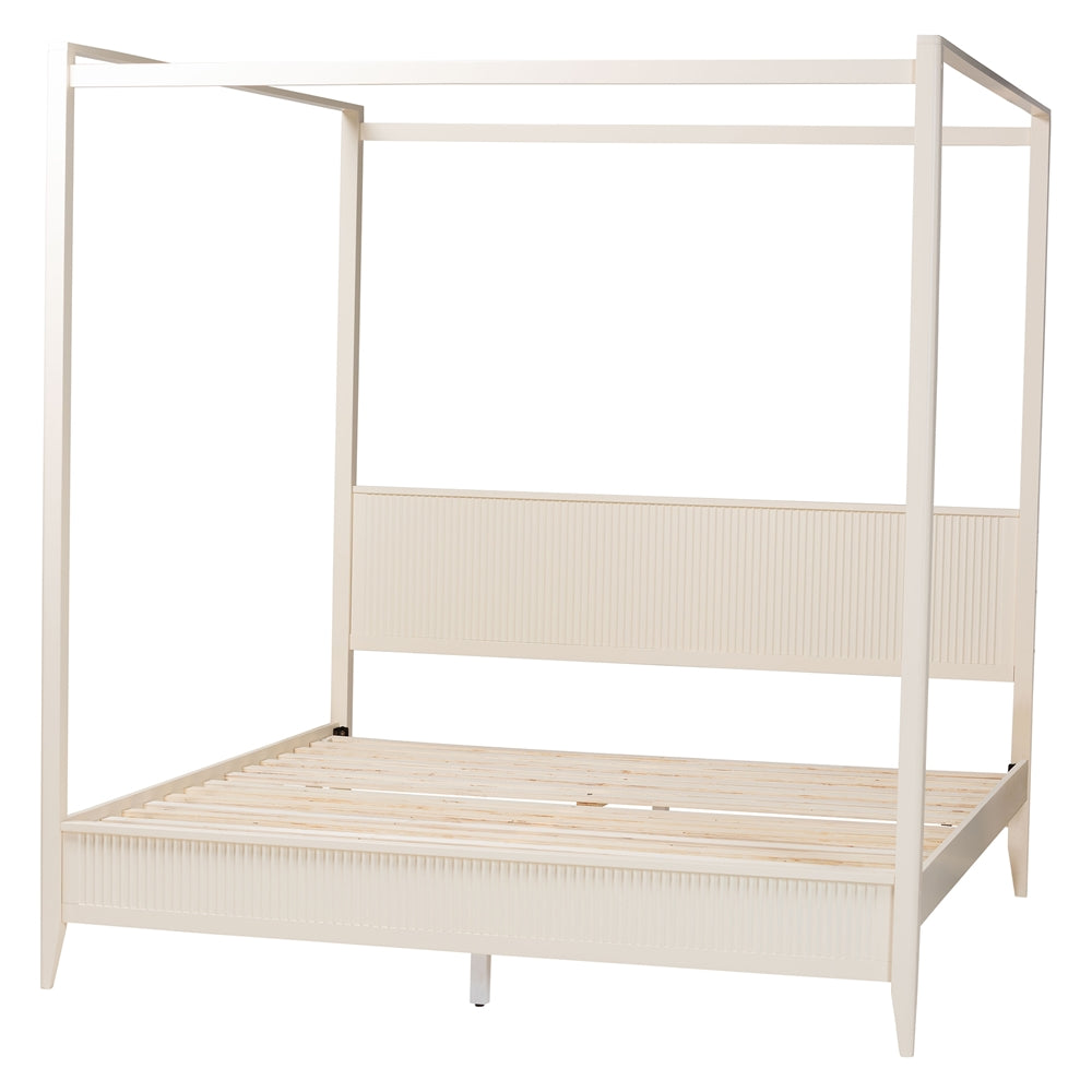 Primrose Mid-Century Ivory Fluted Wood King Size Canopy Bed