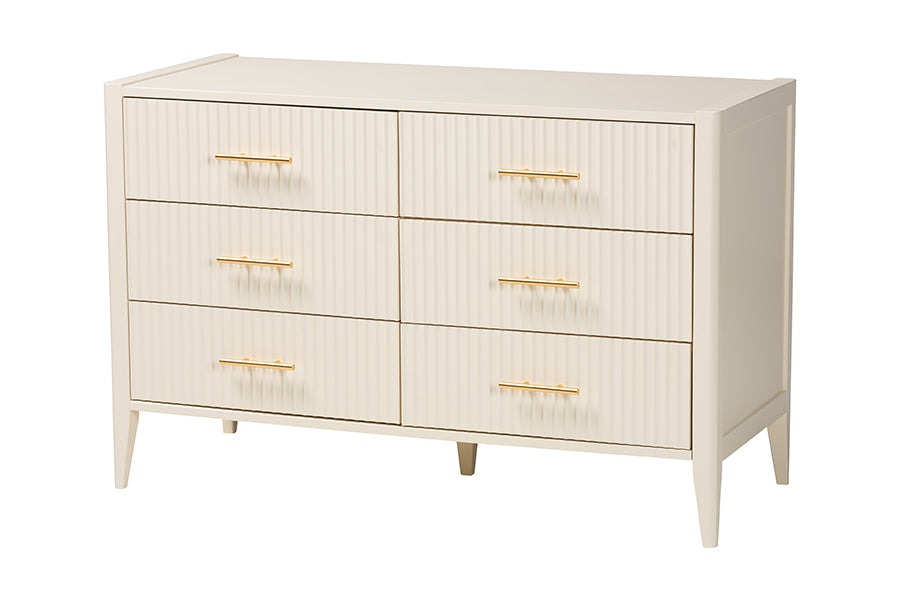 Primrose Mid-Century Ivory Fluted Wood 6-Drawer Dresser