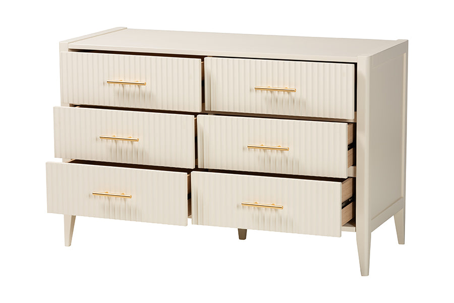 Primrose Mid-Century Ivory Fluted Wood 6-Drawer Dresser