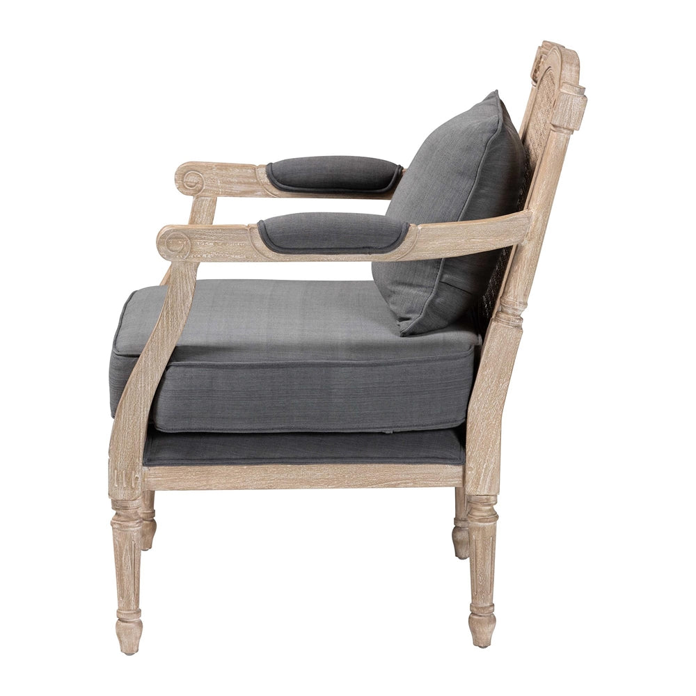 Clemence French Provincial Grey Fabric Whitewashed Mahogany Wood Armchair