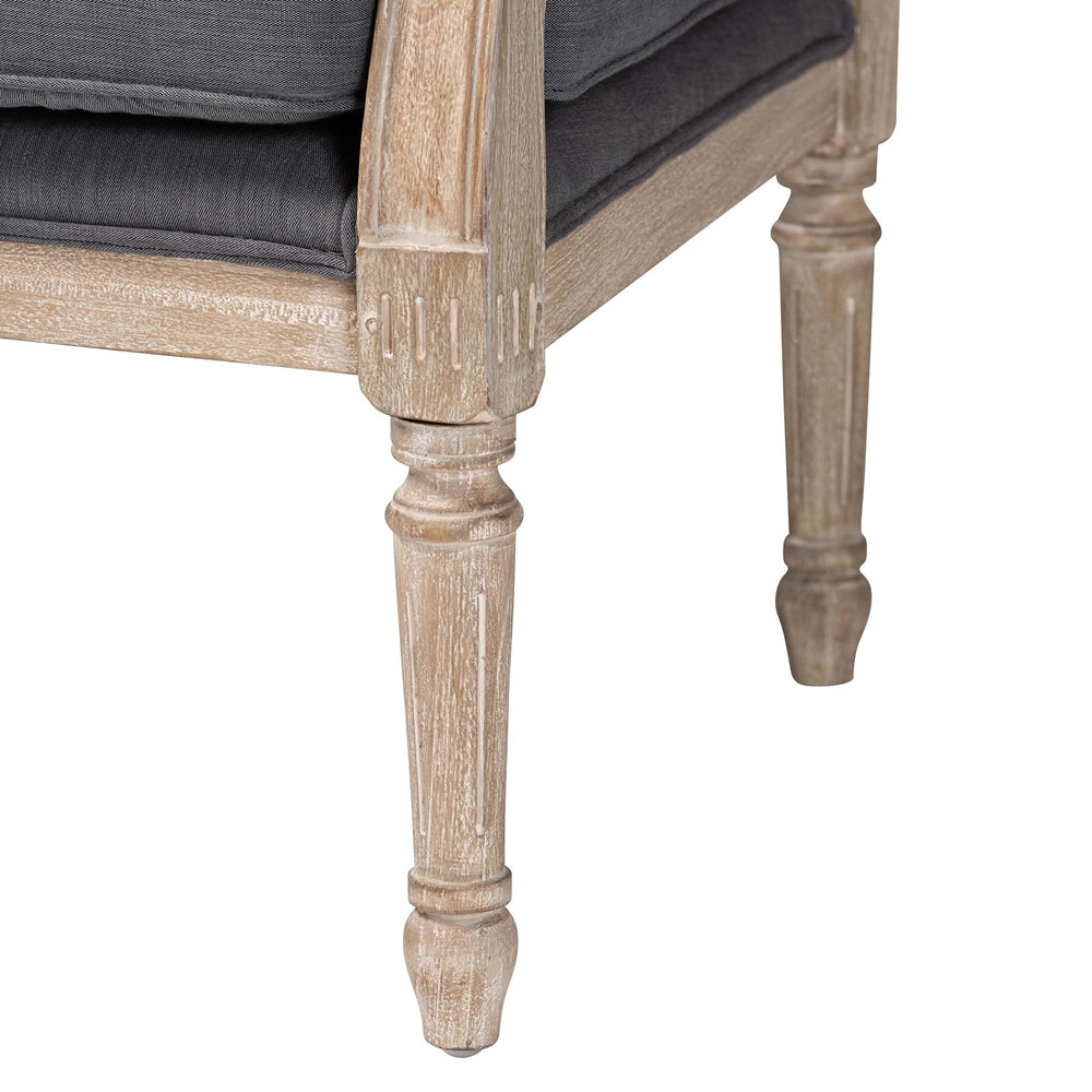 Clemence French Provincial Grey Fabric Whitewashed Mahogany Wood Armchair
