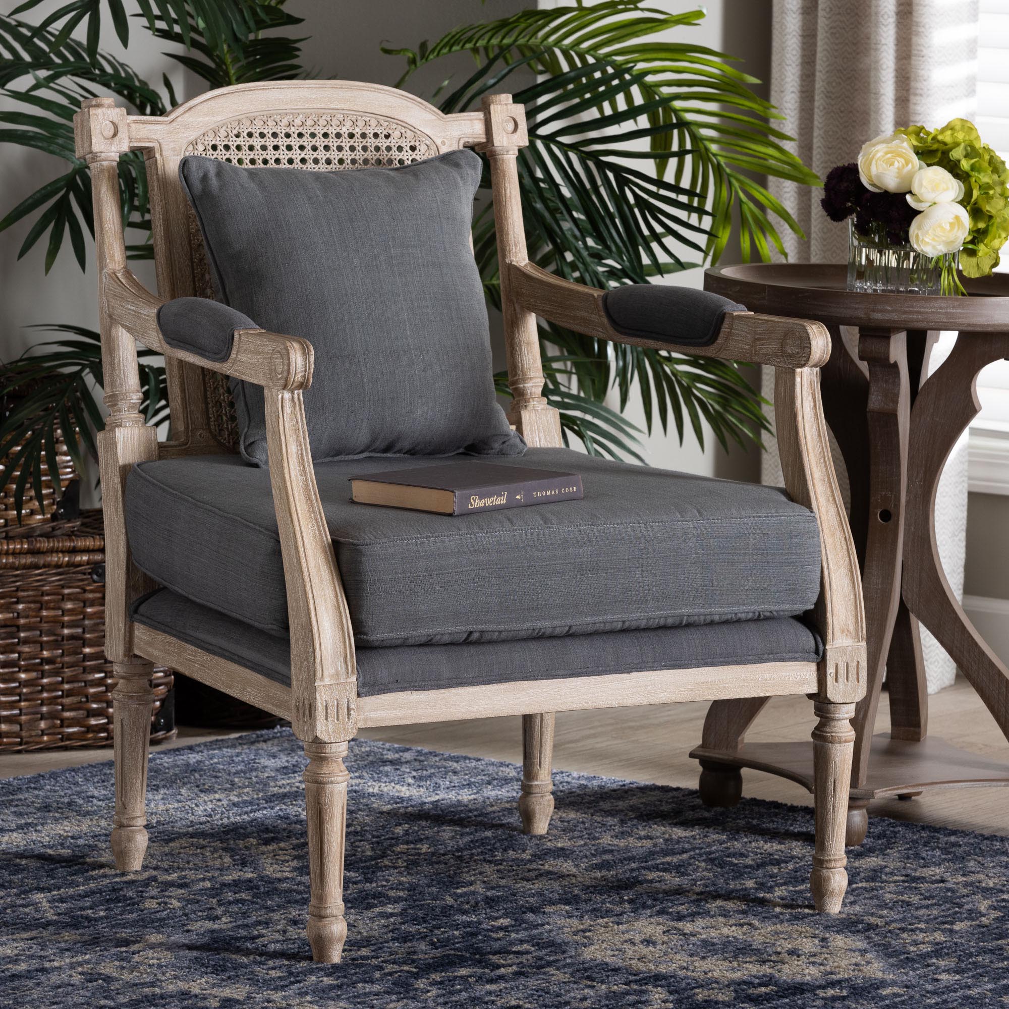 Clemence French Provincial Grey Fabric Whitewashed Mahogany Wood Armchair