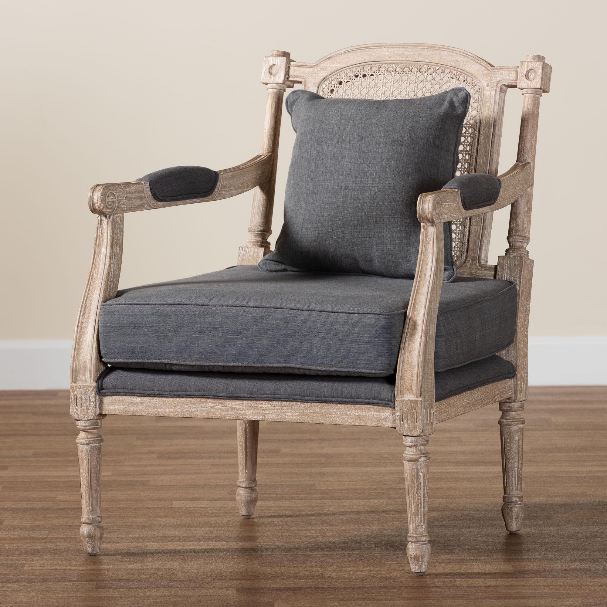 Clemence French Provincial Grey Fabric Whitewashed Mahogany Wood Armchair