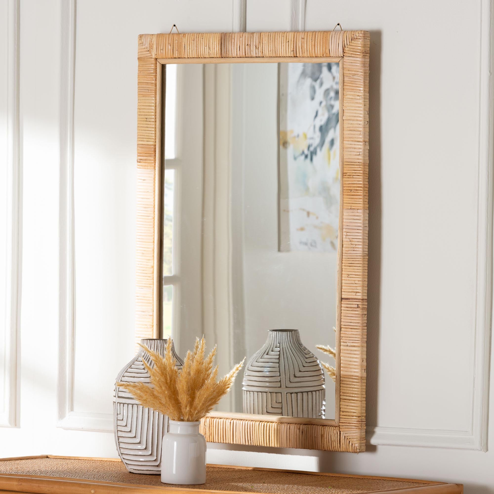 Lankston Bohemian Natural Rattan Rectangle Accent Wall Mirror