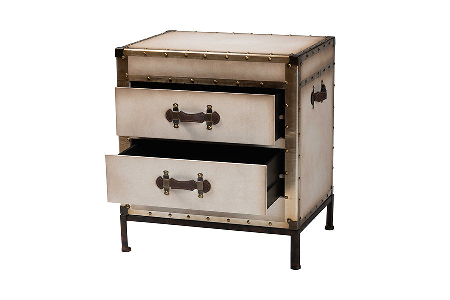 Laura Vintage White Canvas 2-Drawer End Table Trunk