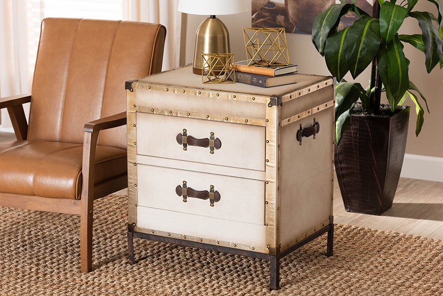 Laura Vintage White Canvas 2-Drawer End Table Trunk