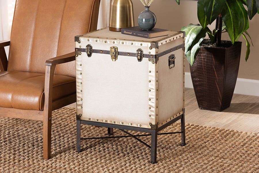 Laura Vintage White Canvas Lift-Top Trunk End Table
