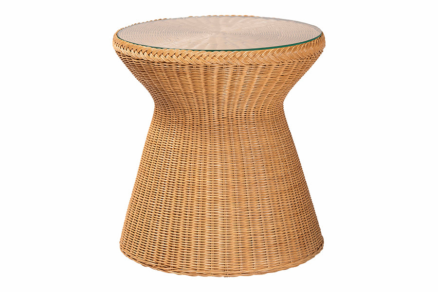 Nina Bohemian Light Honey Braided Rattan End Table with Glass Tabletop