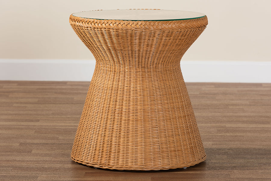 Nina Bohemian Light Honey Braided Rattan End Table with Glass Tabletop