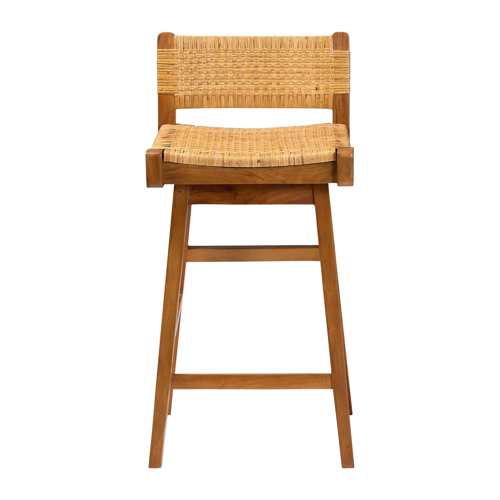 Asgart Bohemian Natural Rattan and Mahogany Wood Bar Stool