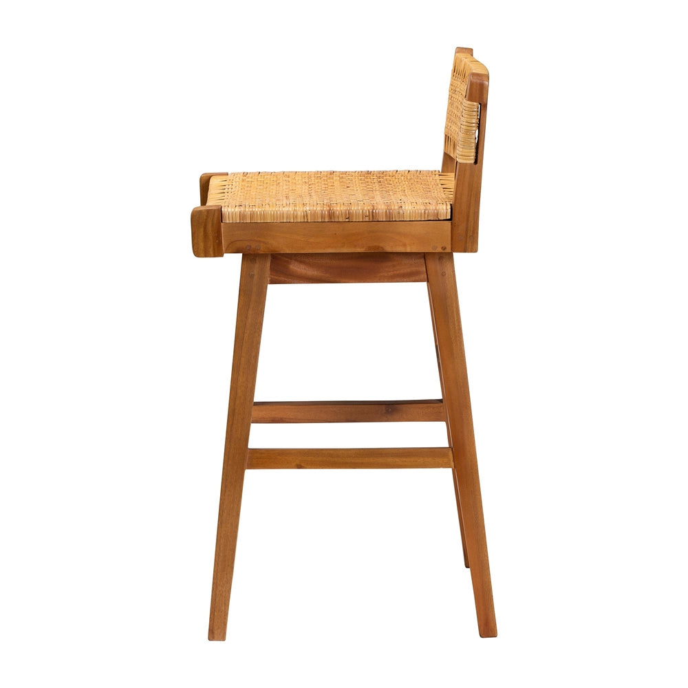 Asgart Bohemian Natural Rattan and Mahogany Wood Bar Stool