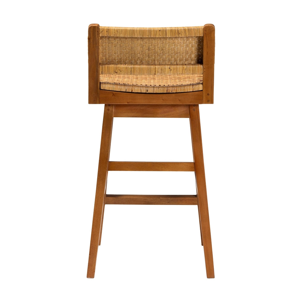 Asgart Bohemian Natural Rattan and Mahogany Wood Bar Stool