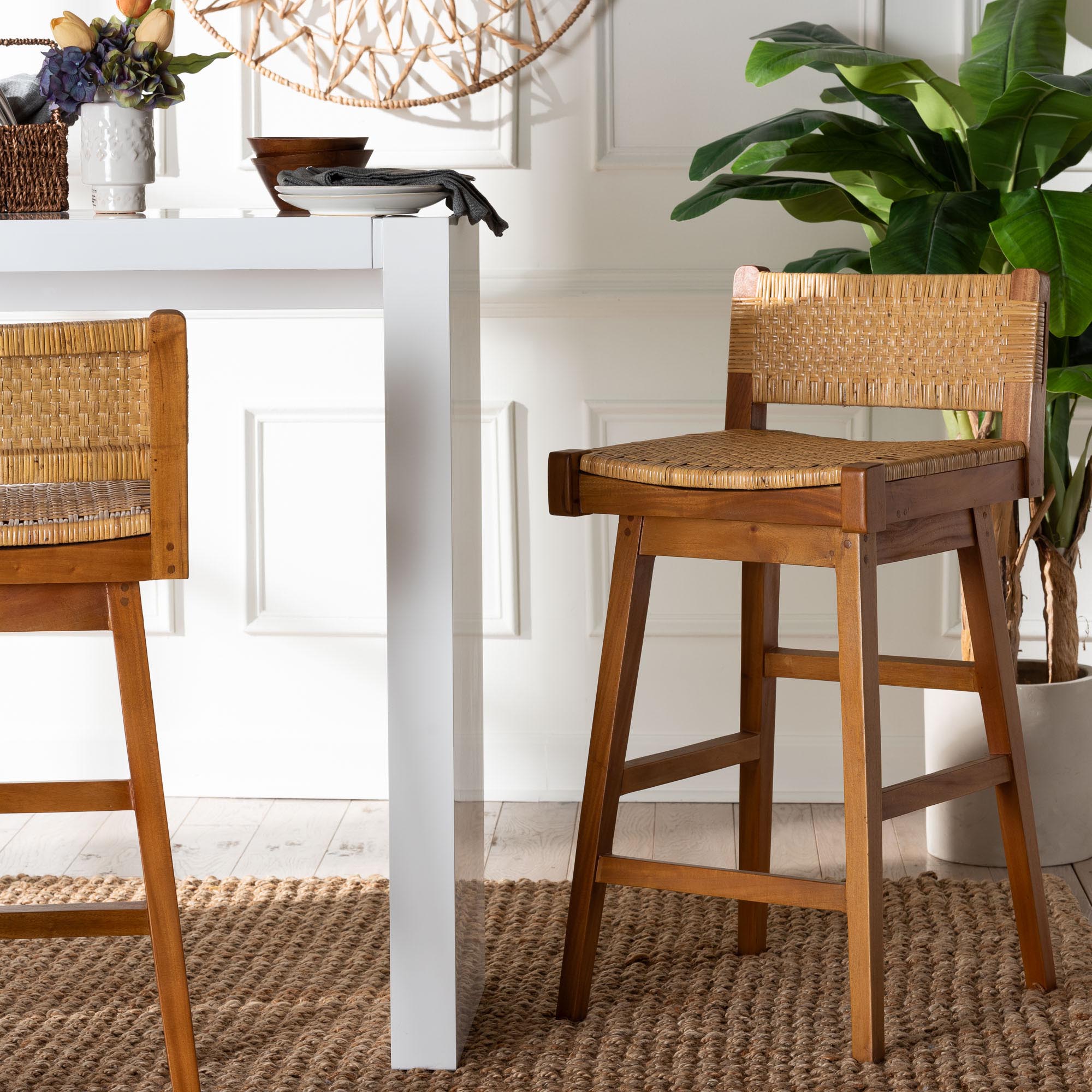 Asgart Bohemian Natural Rattan and Mahogany Wood Bar Stool