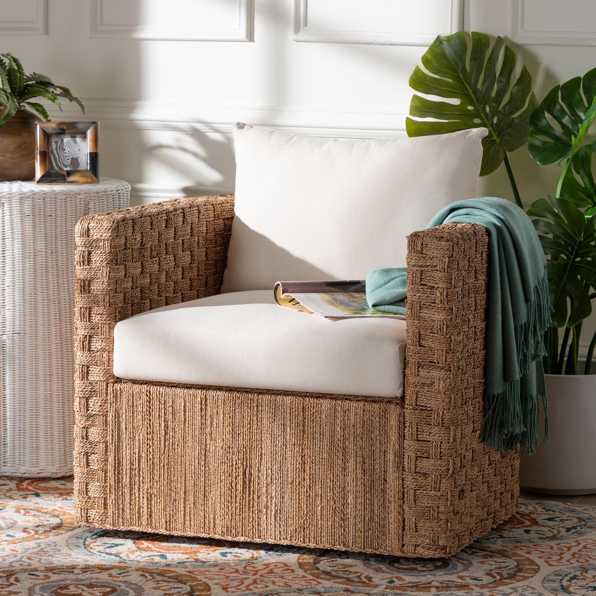bali & pari Rhinos Bohemian Light Brown Seagrass Tuxedo Arm Chair