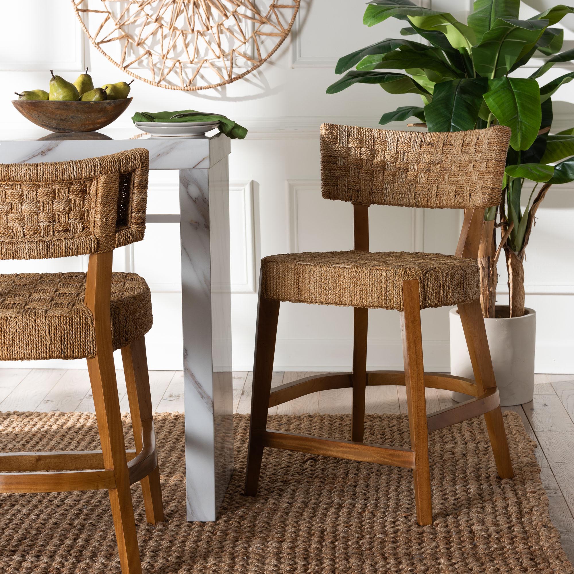 Sabit Bohemian Seagrass and Mahogany Wood Counter Stool