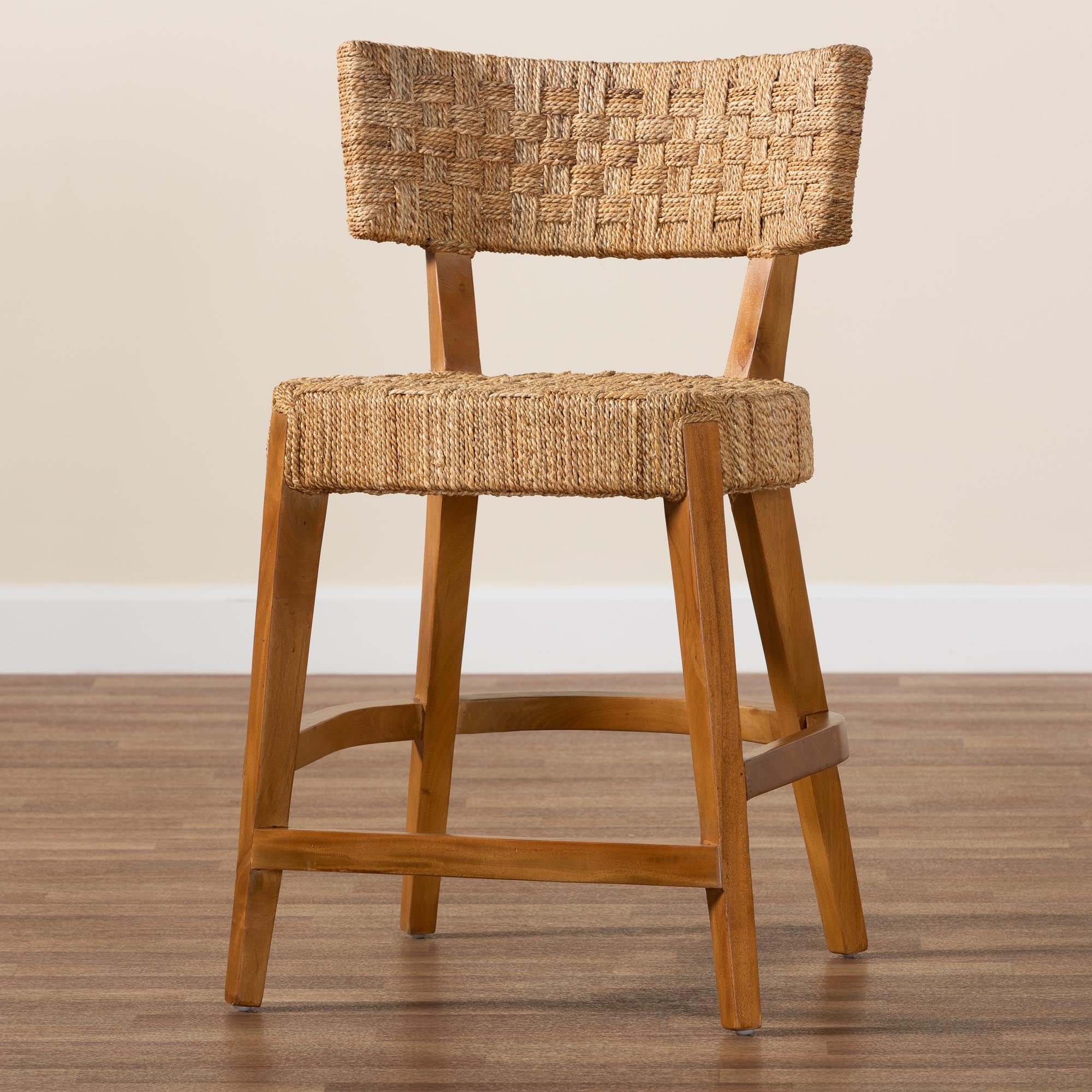 Sabit Bohemian Seagrass and Mahogany Wood Counter Stool