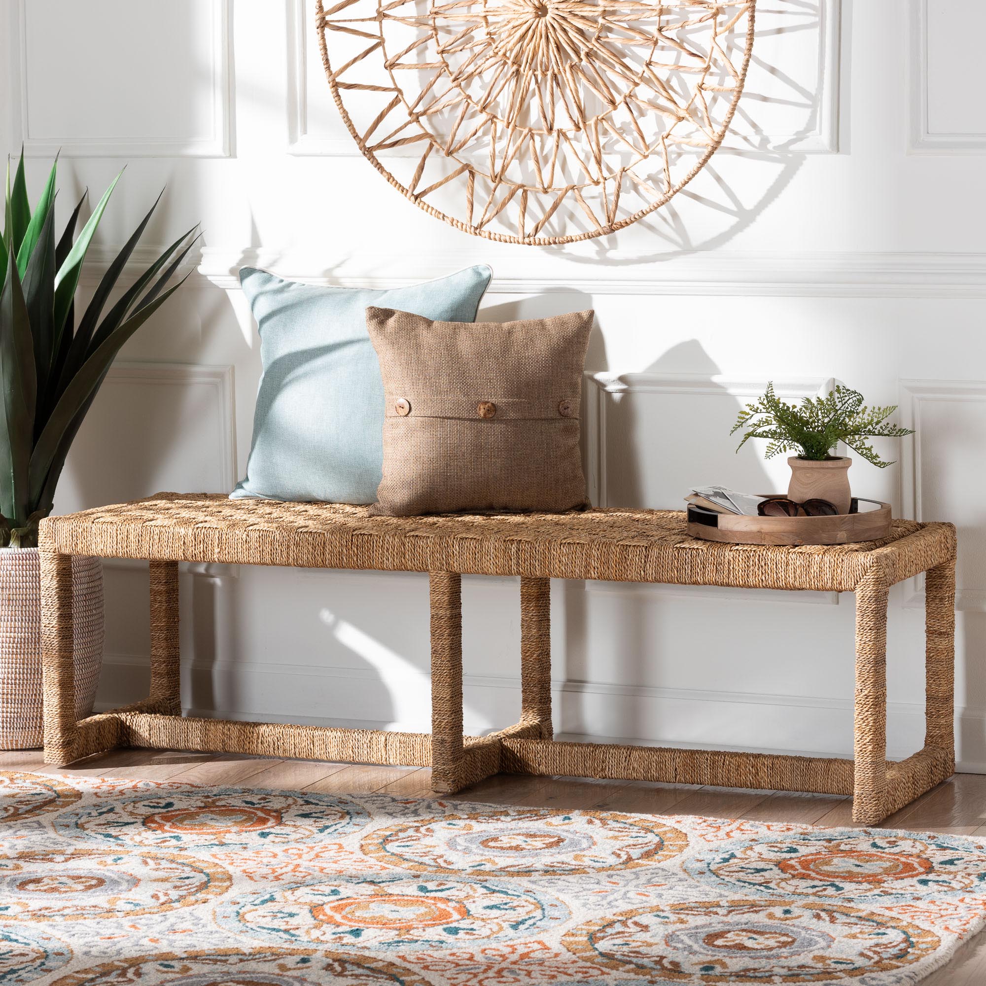 Cipally Bohemian Seagrass and Mahogany Wood Accent Bench