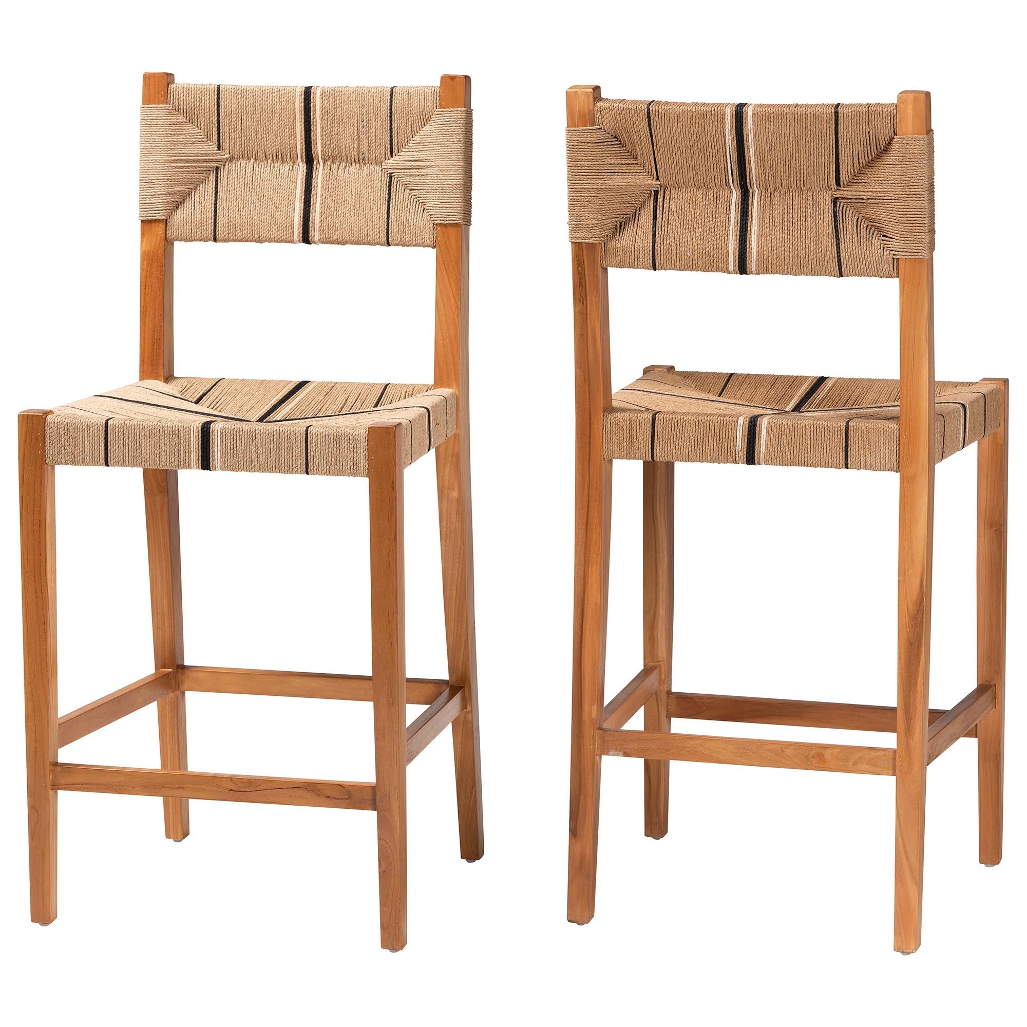bali & pari Prita Bohemian Paper Loom and Natural Mahogany Wood 2-Piece Bar Stool Set