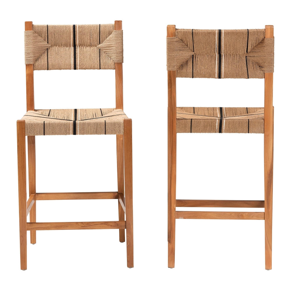 Prita Bohemian Paper Loom and Natural Mahogany Wood 2-Piece Bar Stool Set